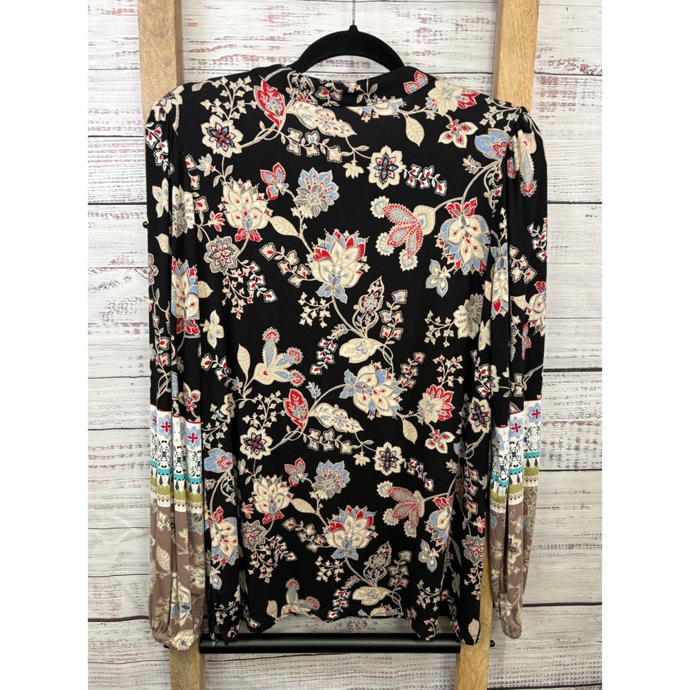 Belle Boho Kim Gravel Black Floral Paisley Split Neck Long Sleeve Top XS - Picture 2 of 10